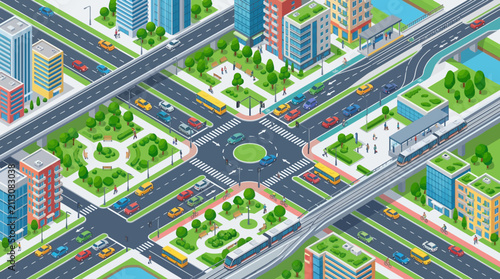 Isometric city traffic junction with cars, buses, tram, and buildings