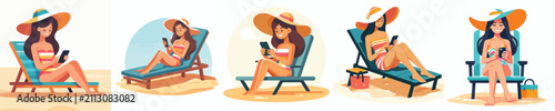 Flat vector illustration of a woman sitting on a beach chair and using phone