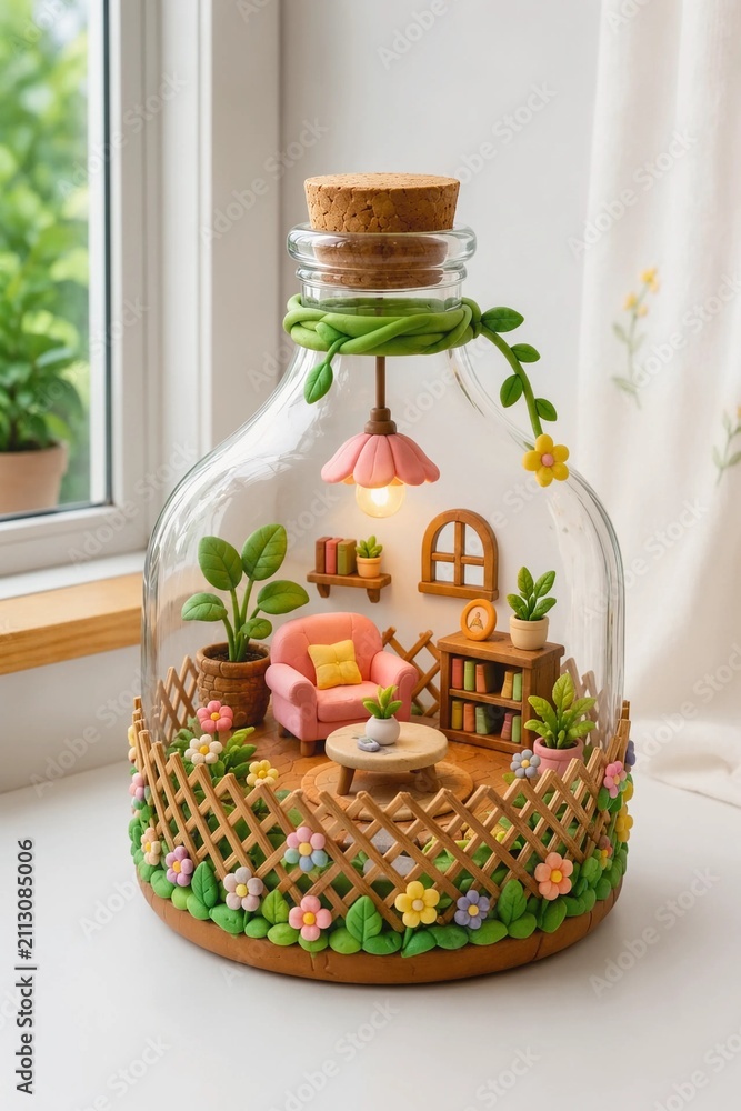 Fototapeta premium Cute clay terrarium diorama inside a glass bottle featuring miniature living room with pink armchair, tiny bookshelves, and glowing lamp, generative AI