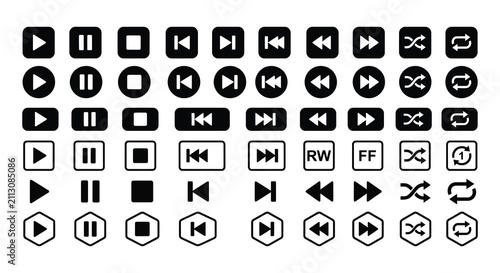 Playback Control Icons Flat Vector Shapes On White Background