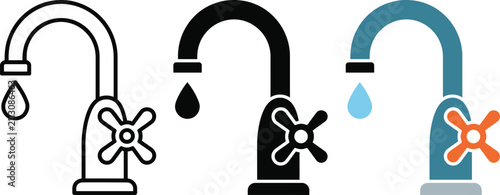 Faucet icon. Water tap with curved spout and dripping droplet symbol. Simple pictogram for plumbing, kitchen, bathroom, water and sink service.