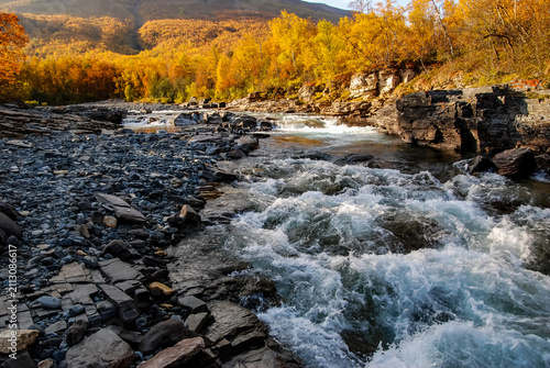 Rapids in the Abiskojook river canyon in Abisko national park in north of Sweden.