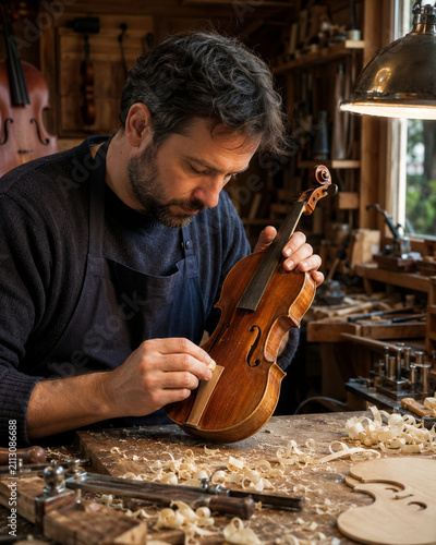 Master Violin Maker Crafting and Repairing Handmade Wooden Musical Instrument