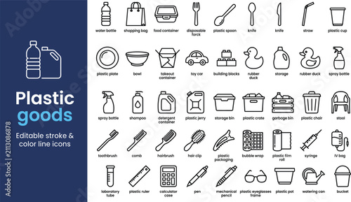 Plastic goods editable stroke line vector icons collection, featuring household items, packaging, toys, medical supplies, utensils, and everyday recyclable objects