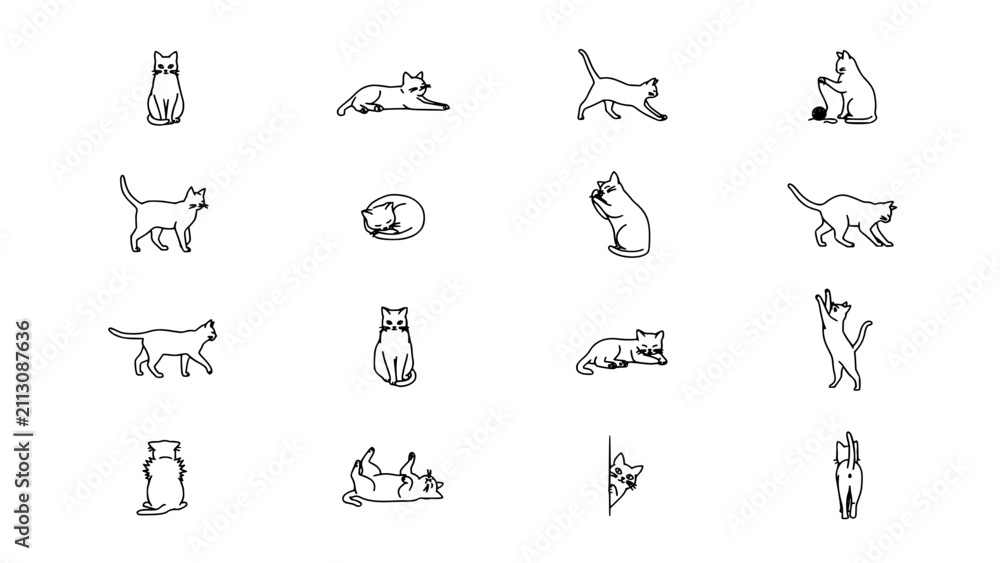 Fototapeta premium Cats in Various Poses and Activities, Minimalist Line Drawings of Feline Illustrations Featuring Cat, Illustration, Pose