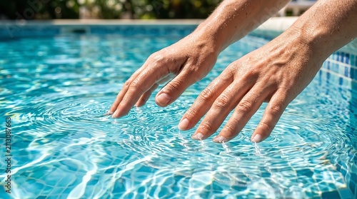Close Up of Woman Fingers Creating Ripples in Clear Swimming Pool Water