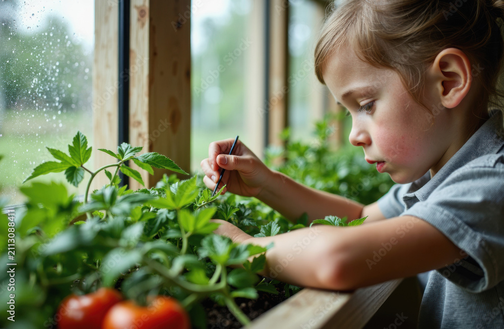 Fototapeta premium Rainy windowsill gardening: child carefully tending seedlings