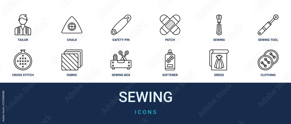 Fototapeta premium Set of 12 outline web Sewing icons such as clothing button, dress, softener, sewing box, fabric, Cross stitch, sewing tool vector icons for report, presentation, diagram, web design, mobile app