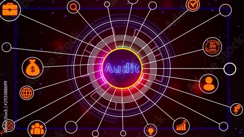 Business concept: Glowing text Audit, Hand Drawn Business Icons in grunge dark room with Wooden Floor, black background