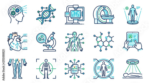 Flat Design Medical and Science Technology Icons Set.