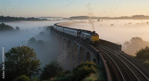 Train traveling across bridge in misty landscape at sunrise or sunset