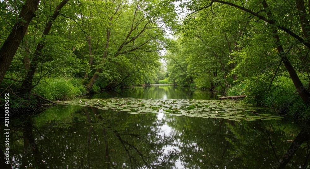 Fototapeta premium Tranquil river flowing through lush green forest trees in daylight