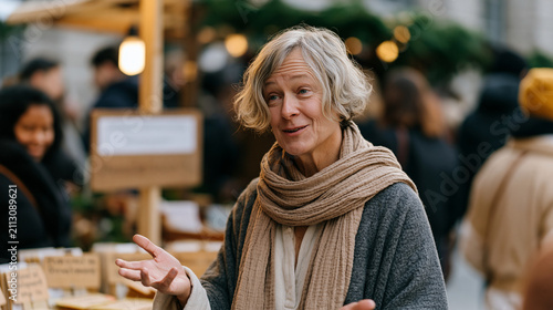 A life coach gestures expressively at a colorful Christmas market stall displaying handwritten personal development cards, a for sale by owner property sign incorporated as a prop