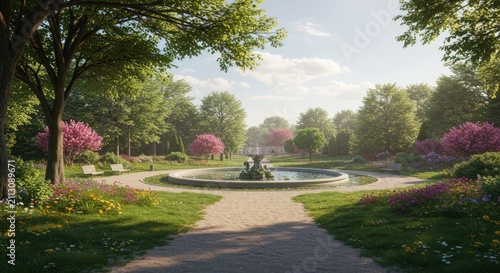 Tranquil park scene with fountain pathways trees and vibrant flowers
