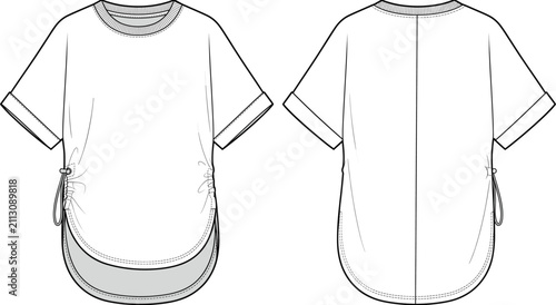 Fotografie Technical fashion flat sketch of a casual short sleeve t-shirt with curved hem a