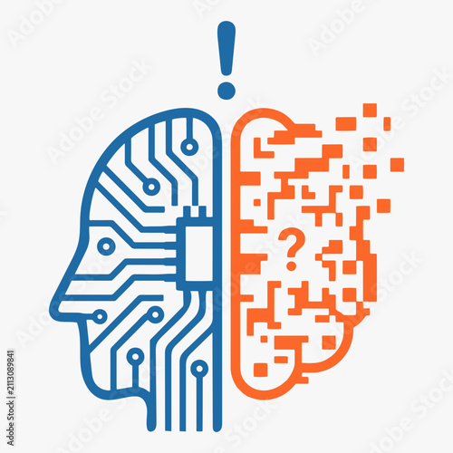 Artificial intelligence hallucination alert warning symbol with a glitched digital brain error.