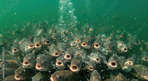 Underwater view of a large group of fish with open mouths and bubbles