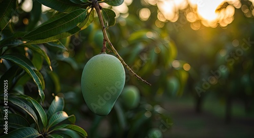 Unripe mango hanging from a tree branch in natural sunlight