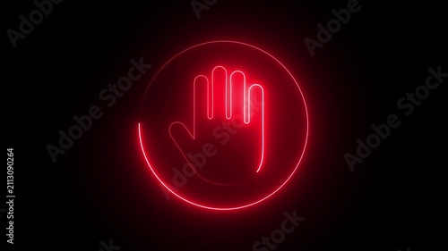 Neon Pointing Human Hand Animation. Showing forefinger. emoji icon symbol in glow led lights. Isolated on Black Background.