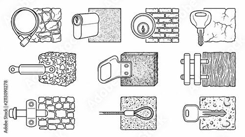 A collection of hand drawn security and locking mechanism icons.