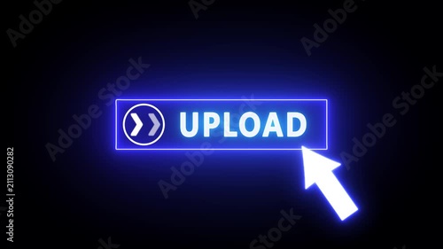 Glowing neon red color white text cursor animation pointing towards upload button in looping with transparent background.