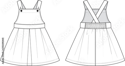 Foto Technical fashion flat sketch of a cute kids pinafore dress with button straps a