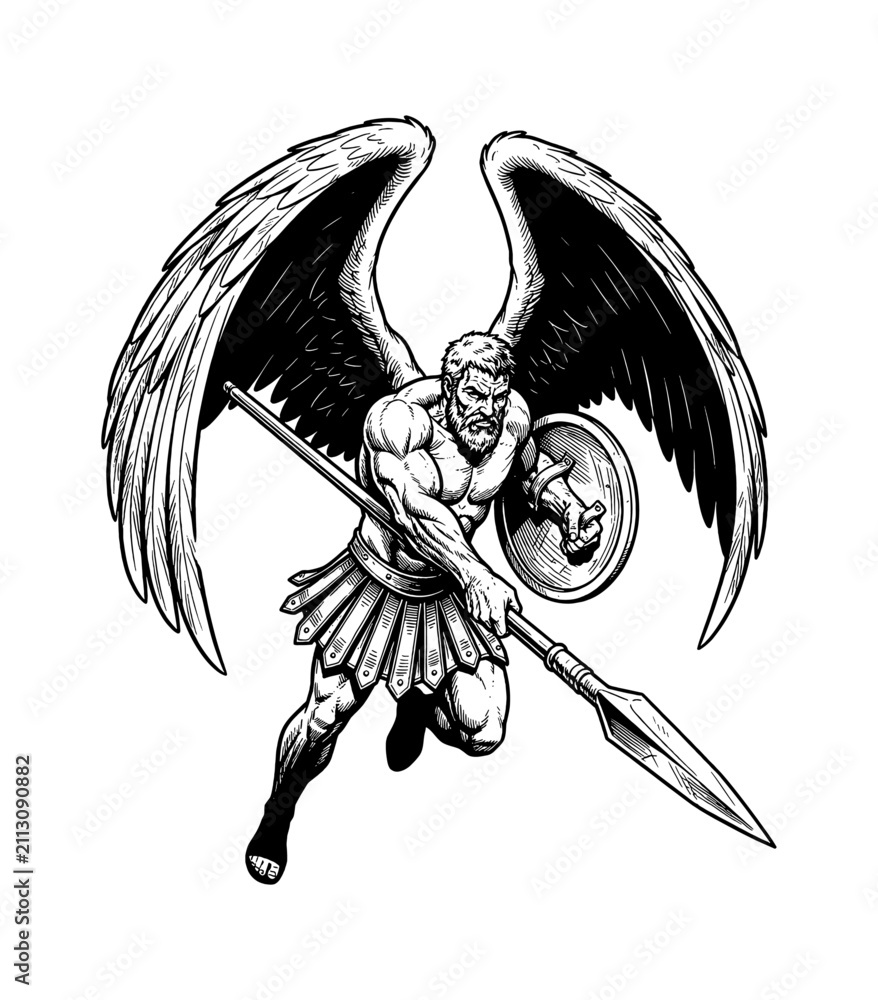 Obraz premium Powerful Winged Warrior Man Charging with Spear and Shield in Dynamic Black and White Illustration