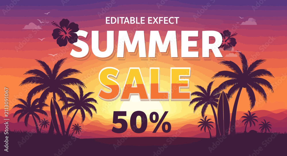 Fototapeta premium Summer Sale 50% Off Tropical Beach Sunset Palm Trees Exotic Vacation