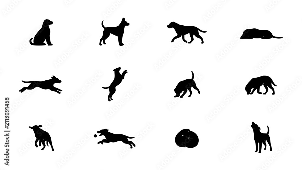Fototapeta premium Dogs in Various Poses and Activities as Black Silhouettes Featuring Dog, Silhouette, Illustration with Vector and Pet Elements