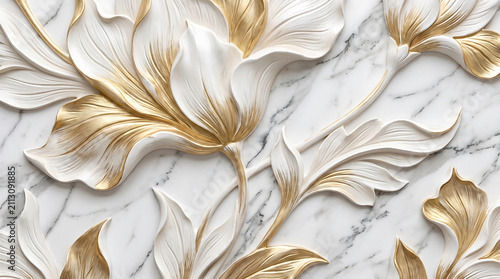 Detailed gold and white marble relief flower carving
