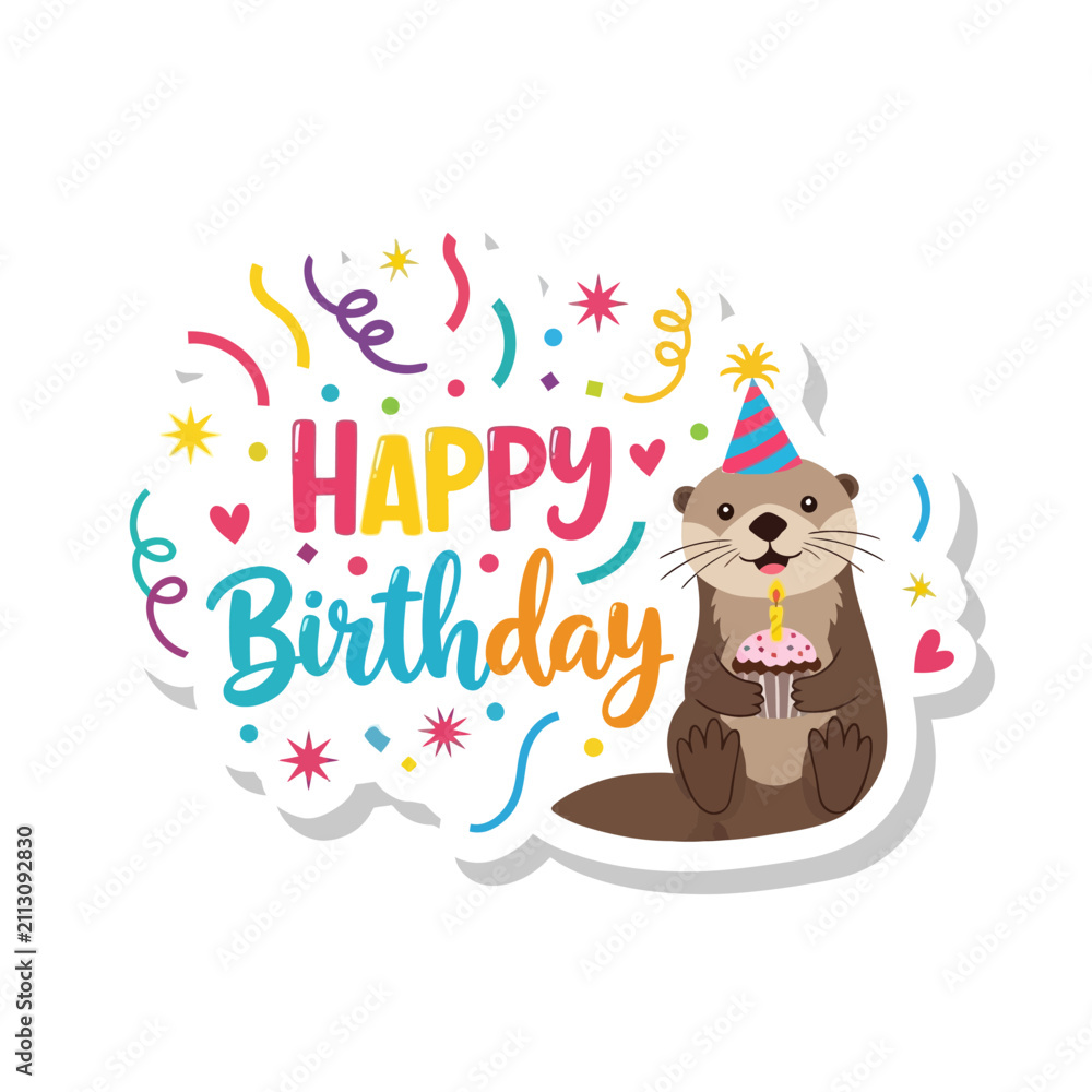 Naklejka premium Cute otter celebrates happy birthday with cupcake and confetti