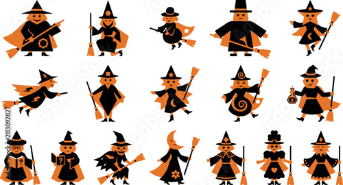 Fotografie Set of cute cartoon witch characters with brooms and pumpkins isolated on a whit