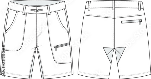 Obraz na płótnie Technical fashion flat sketch of outdoor utility cargo shorts with drawstring wa