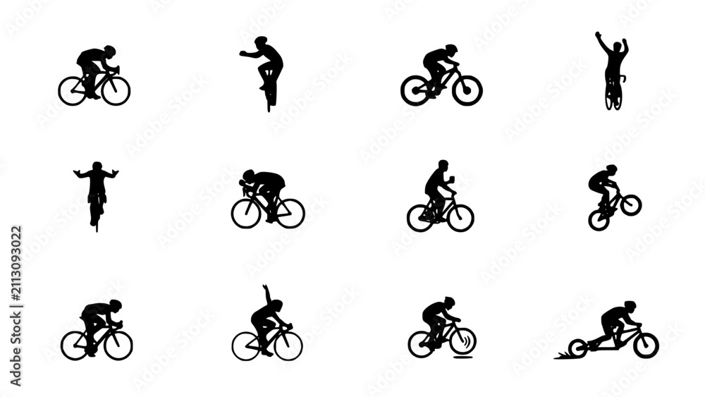 Fototapeta premium Bicycles with Riders in Various Poses Shown as Black Silhouettes on a White Background Featuring Cycling, Sports, Exercise