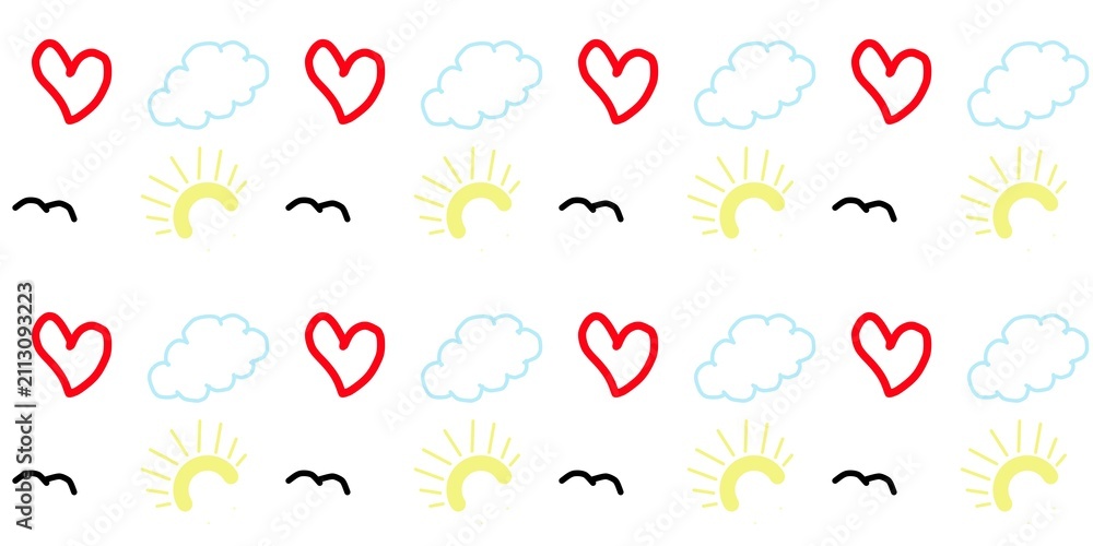 Obraz premium ​Cute seamless pattern with red hearts, clouds, suns, and birds. Simple hand drawn vector illustration on white background for kids design.