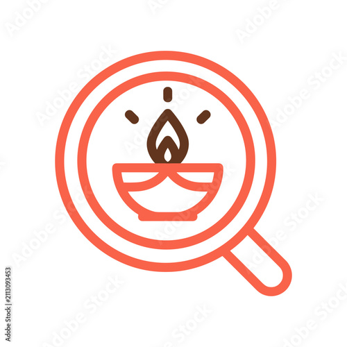 Magnifying glass over a diya lamp with glowing flame and rays representing spiritual discovery and insight during celebration