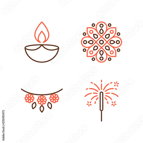 Diwali festival elements including diya lamp rangoli pattern necklace and sparkler on white background