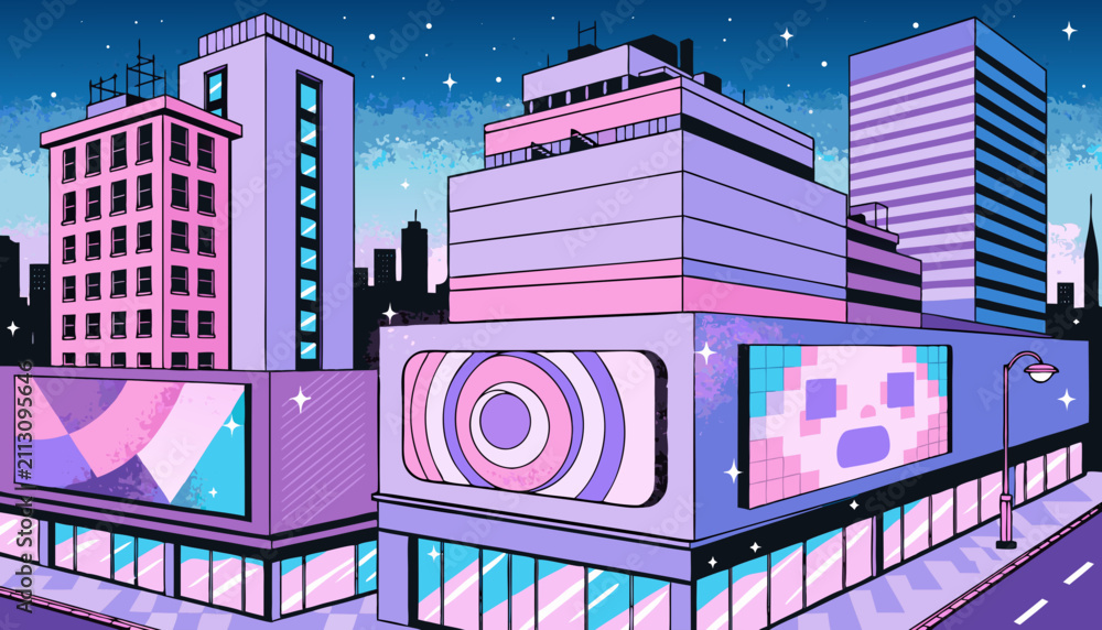 Obraz premium Pixel art city street at night with neon sign and billboard in y2k aesthetic style. Retro 90s urban building skyline. Digital landscape background. Vector illustration