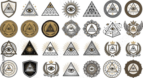 All-Seeing Eye Providence and Illuminati Symbol Icon Set Vector Collection Featuring Masonic Pyramid, Sacred Geometry, Mystical Sunburst, and Vintage Crests