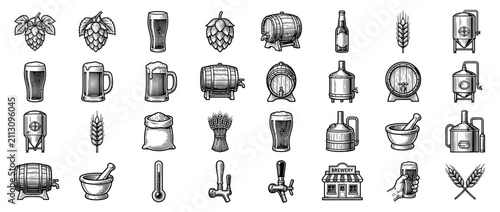 Foto Set of Hand Drawn Craft Beer Brewing Icons