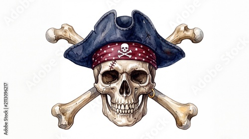 Detailed watercolor illustration of a pirate skull wearing a tricorn hat and bandana on white background
