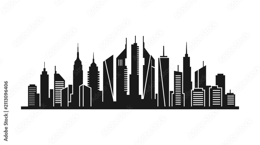 Fototapeta premium Modern skyscraper skyline silhouette on white backdrop.