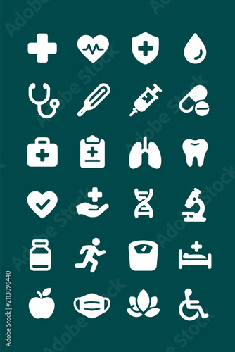 Medical and Healthcare Flat Glyph Icons Set – Hospital, Doctor, Pharmacy, Wellness and Emergency Vector Collection