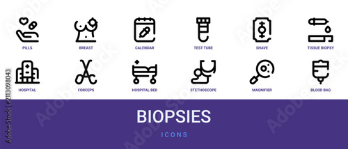 Set of 12 outline web Biopsies icons such as blood bag, magnifier, stethoscope, hospital bed, forceps, hospital, tissue biopsy vector icons for report, presentation, diagram, web design, mobile app