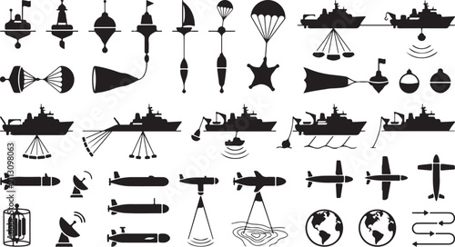Bild auf Leinwand Military and naval icons set with submarines and ships