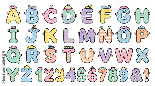 Cute Kawaii Alphabet Letters and Numbers Set, Pastel Colors, Whimsical Font