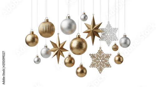 Gold and silver christmas ornaments hanging as holiday decor isolated on transparent background