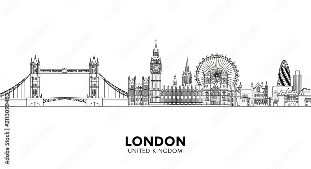 Obraz premium London Skyline Silhouette - Iconic Landmarks Outline Drawing