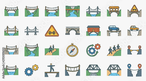 Bild auf Leinwand Corporate Set of Diverse Bridge Types Road Signs Navigation Icons and Pedestrian