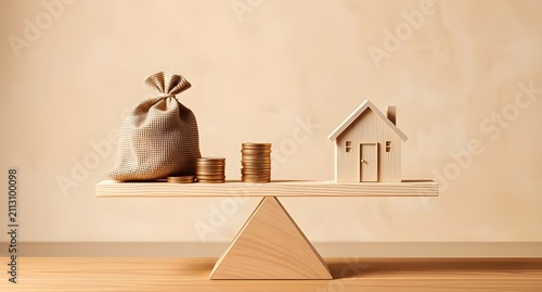 house vs money bag balance concept on wooden seesaw